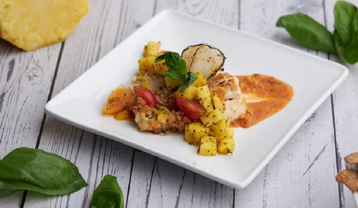 Cinnamon Toast Crusted Chicken with A Spicy Tomato Coconut Sauce and Pineapple Salsa